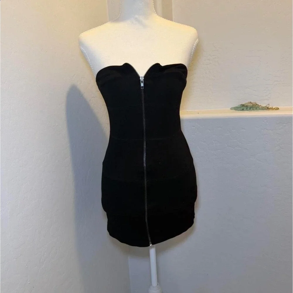 Black Strapless Mini Dress‎ Womens Small Zip Front Bodycon Stretch Tube Dress